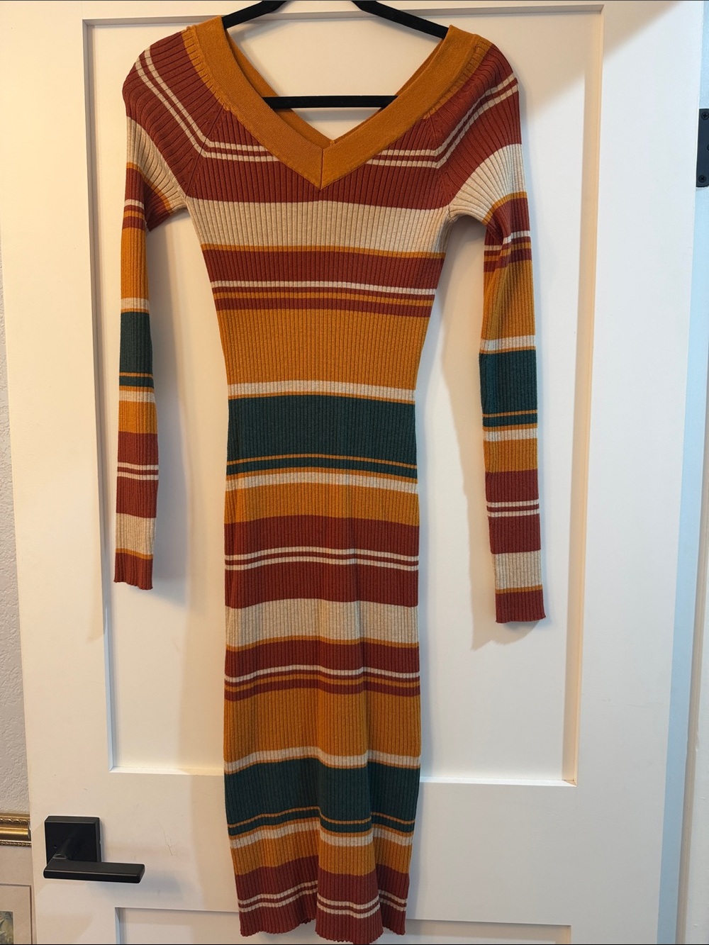 Striped Rib-Knit V-Neck Bodycon Dress in Mustard Multi